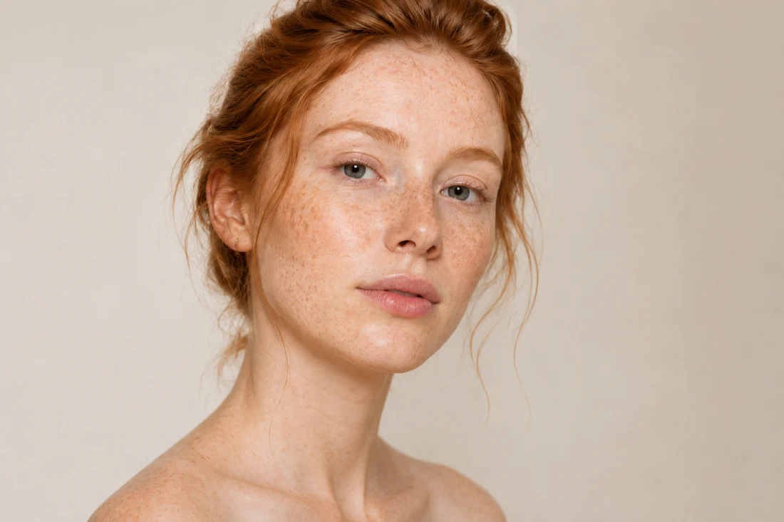 Junge Frau mit sehr heller Haut, Sommersprossen und rötlich-blondem Haar — Fototyp I–II, weiches natürliches Licht