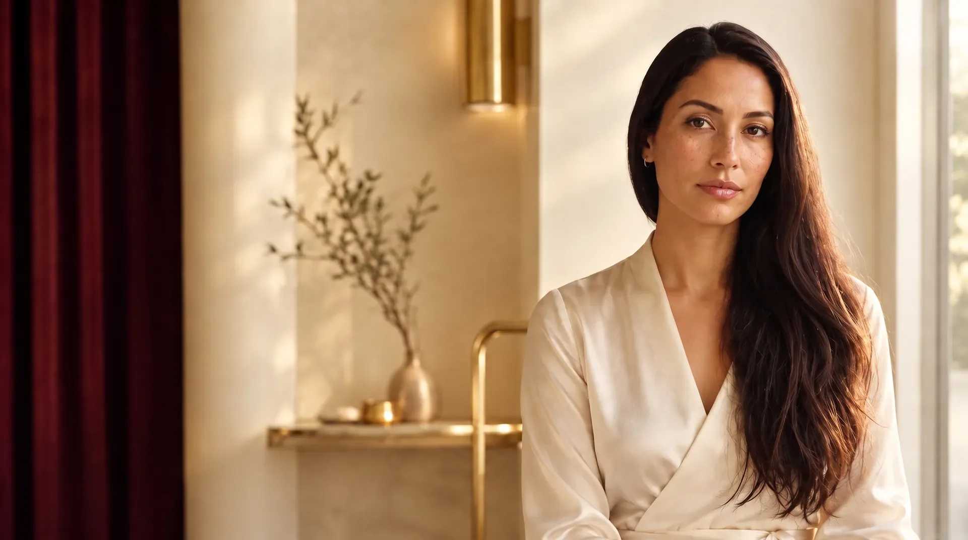 A woman with long dark hair in cream-coloured silk, warm light, brass and burgundy – imagery of Rubedo Spa Minden