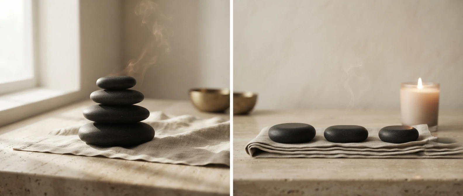 Hot Stone Massage in Minden — warme Basaltsteine auf hellem Leinen, ein Corpus-Ritual
